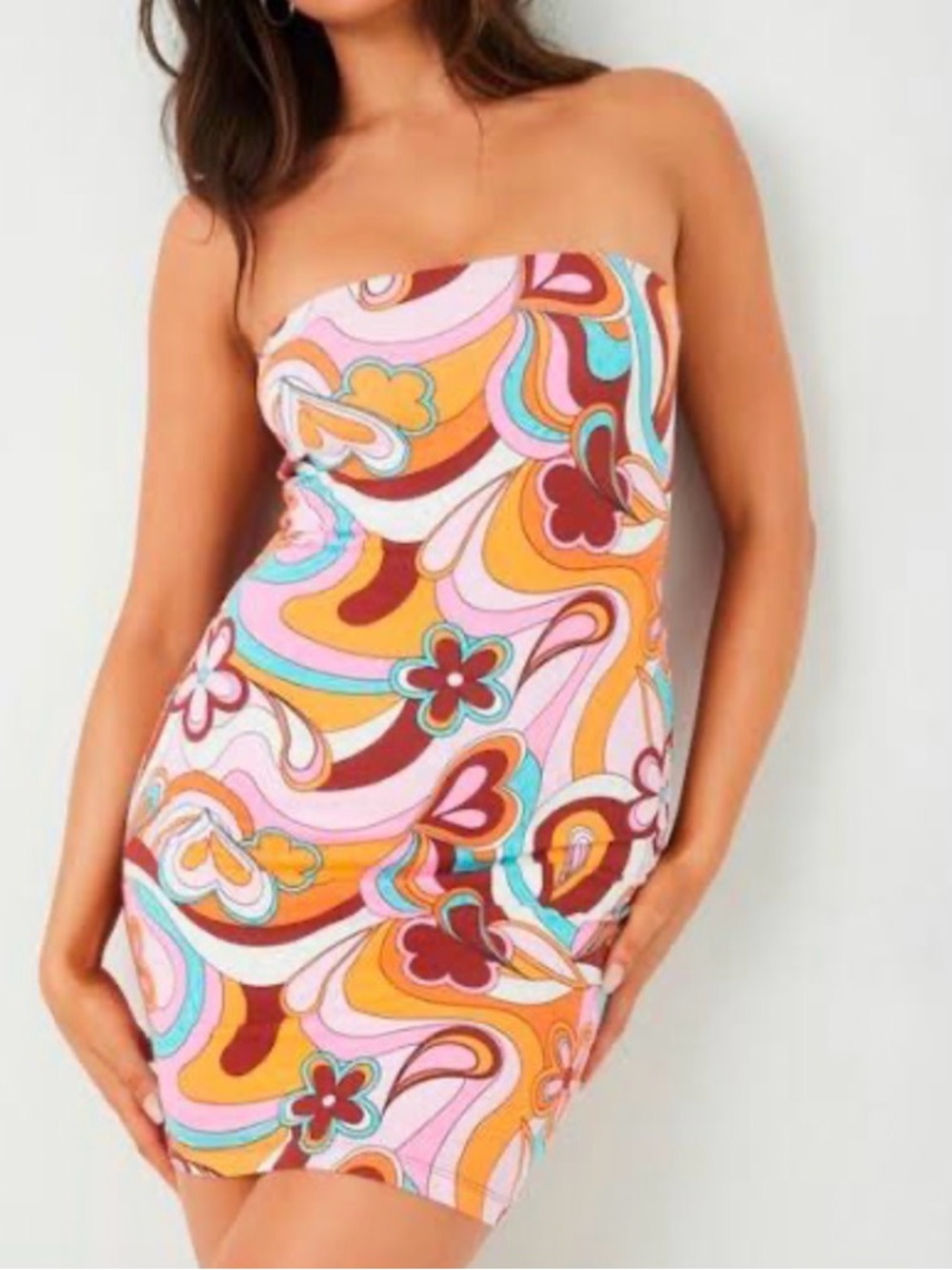 Garage Strapless Retro Swirl Floral Mini Dress - Pink, Orange & Turquoise